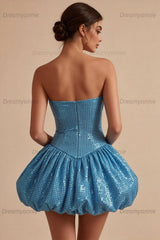 Sequin Blue A Line Strapless Bubble Short Homecoming Dress