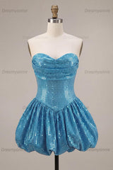 Sequin Blue A Line Strapless Bubble Short Homecoming Dress