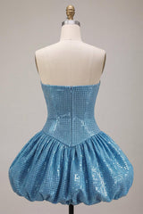 Sparkly Sequin Blue A Line Strapless Bubble Short Homecoming Dress