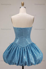 Sequin Blue A Line Strapless Bubble Short Homecoming Dress