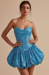 Sparkly Sequin Blue A Line Strapless Bubble Short Homecoming Dress