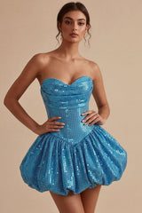 Sparkly Sequin Blue A Line Strapless Bubble Short Homecoming Dress