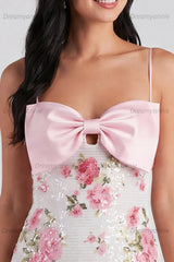 Light Pink Sequin Floral Bodycon Short Homecoming Dress with Bow