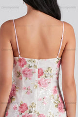 Light Pink Sequin Floral Bodycon Short Homecoming Dress with Bow