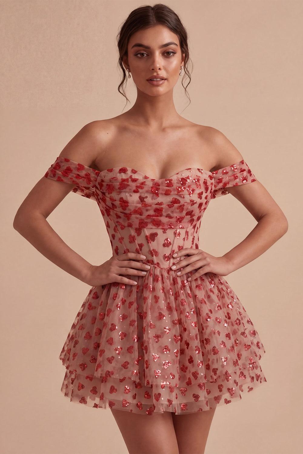 Sparkly Sequins Red Corset A Line Short Homecoming Dress with Ruffles