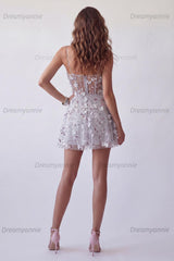 Silver Floral Spaghetti Straps Beaded A-Line Corset Short Homecoming Dress