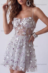 Silver Floral Spaghetti Straps Beaded A-Line Corset Short Homecoming Dress