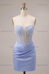 Sky Blue Beaded Strapless Tight Short Corset Homecoming Dress