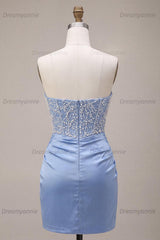 Sky Blue Beaded Strapless Tight Short Corset Homecoming Dress