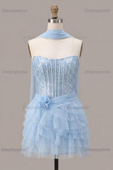 Sky Blue Corset Tiered Sequin Ruffled Short Homecoming Dress