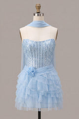 Sparkly Sky Blue Corset Tiered Sequin Ruffled Short Homecoming Dress