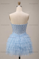 Sky Blue Corset Tiered Sequin Ruffled Short Homecoming Dress