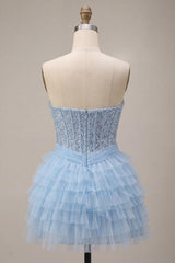 Sparkly Sky Blue Corset Tiered Sequin Ruffled Short Homecoming Dress