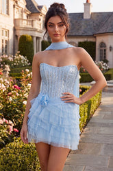 Sparkly Sky Blue Corset Tiered Sequin Ruffled Short Homecoming Dress