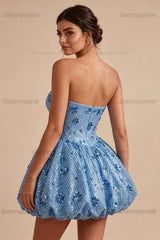 Sky Blue Strapless Sequin Floral A-Line Short Homecoming Dress