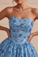 Sky Blue Strapless Sequin Floral A-Line Short Homecoming Dress