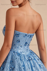 Sky Blue Strapless Sequin Floral A-Line Short Homecoming Dress