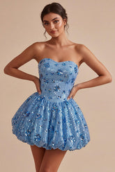 Sky Blue Strapless Sequin Floral A-Line Short Homecoming Dress