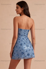 Sky Blue Strapless Sequin Floral Tight Short Homecoming Dress