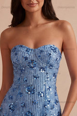 Sky Blue Strapless Sequin Floral Tight Short Homecoming Dress