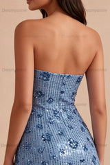 Sky Blue Strapless Sequin Floral Tight Short Homecoming Dress