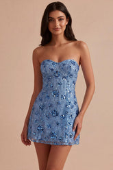 Sky Blue Strapless Sequin Floral Tight Short Homecoming Dress