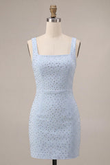 Sparkly Sky Blue Tight Beaded Short Homecoming Dress