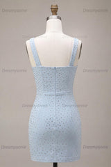 Sky Blue Tight Beaded Short Homecoming Dress