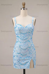 Sky Blue Tight Sequin Short Homecoming Dress with Slit
