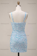 Sky Blue Tight Sequin Short Homecoming Dress with Slit