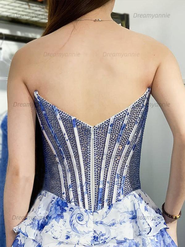 Sparkly Strapless Beadeds Floral Print Tiered Homecoming Dress