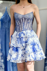 Sparkly Strapless Beadeds Floral Print Tiered Homecoming Dress