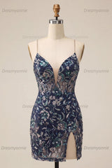 Tight Sequins Floral Navy Short Homecoming Dress with Slit