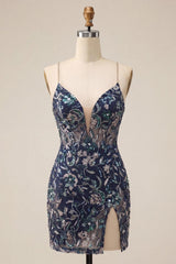 Sparkly Tight Sequins Floral Navy Short Homecoming Dress with Slit