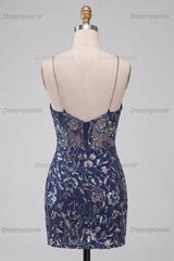 Tight Sequins Floral Navy Short Homecoming Dress with Slit