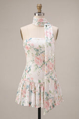 Sparkly White Pink Flower A-Line Sequin Short Homecoming Dress with Neck Scarf