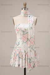 White Pink Flower A-Line Sequin Short Homecoming Dress with Neck Scarf