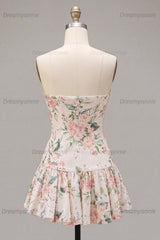 White Pink Flower A-Line Sequin Short Homecoming Dress with Neck Scarf