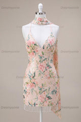 White Pink Flower Tight Fringed Sequin Short Homecoming Dress