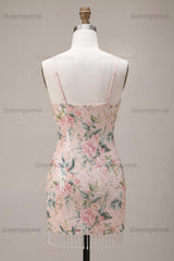 White Pink Flower Tight Fringed Sequin Short Homecoming Dress