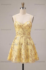 Yellow Spaghetti Straps Sequin A-Line Short Homecoming Dress