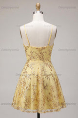 Yellow Spaghetti Straps Sequin A-Line Short Homecoming Dress