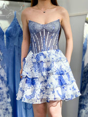 Sparkly Strapless Beadeds Floral Print Tiered Homecoming Dress