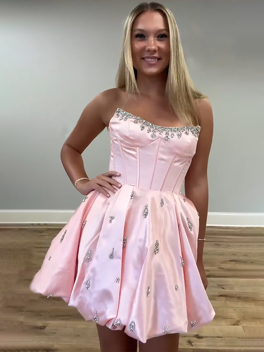 Sparkly Satin A Line Short Corset Homecoming Dress with Rhinestones
