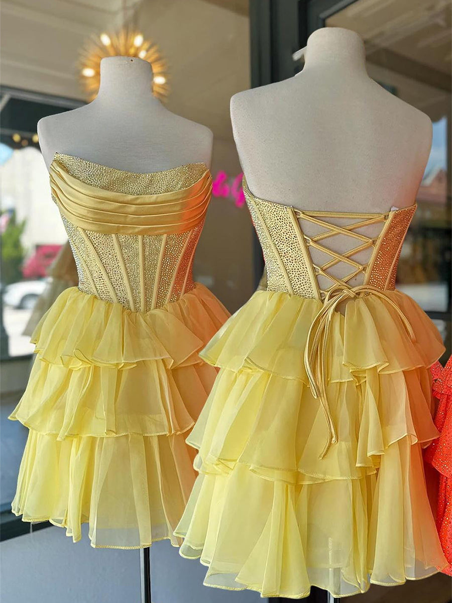 Sparkly A Line Tiered Short Beaded Homecoming Dress with Ruffles