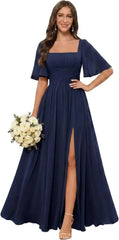 Square Neck Chiffon Bridesmaid Dress with Flutter Sleeves and Slit
