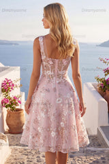 Pink Floral Square Neck A-Line Corset Short Homecoming Dress