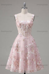 Pink Floral Square Neck A-Line Corset Short Homecoming Dress
