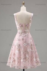 Pink Floral Square Neck A-Line Corset Short Homecoming Dress