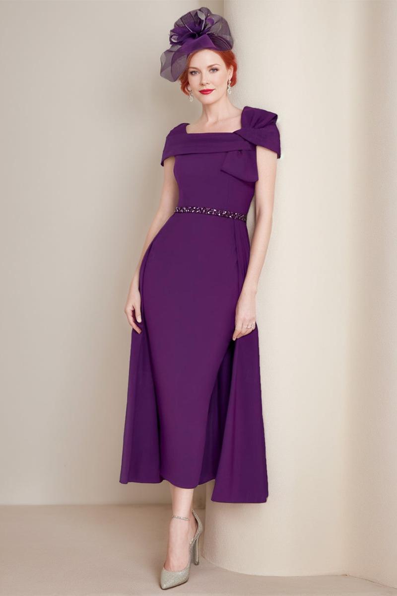 Square Neck Formal Mother of the Bride & Groom Sheath Column Dresses with Bow and Belt
